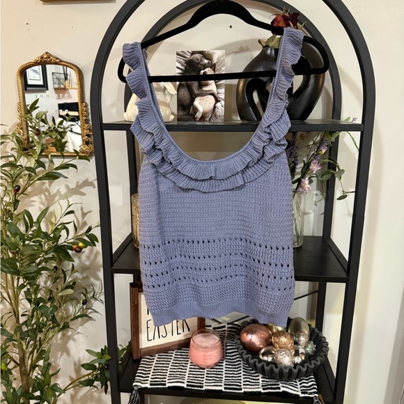 7 For All Mankind Blue Ruffled Smocked Tank Top crocheted top size large - Picture 1 of 10